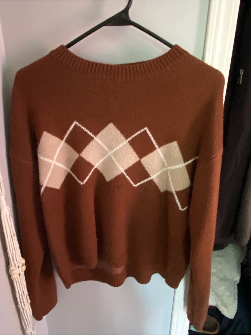 Women's Brown Argyle Crewneck Sweater